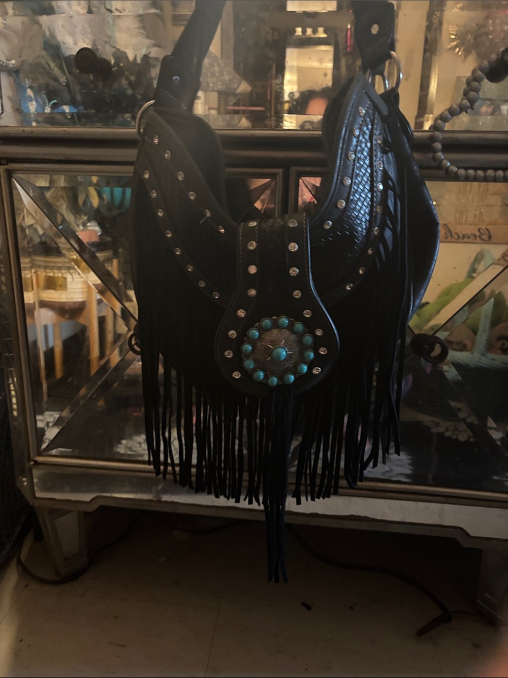 Black Fringe Crossbody Bag with Turquoise Concho
